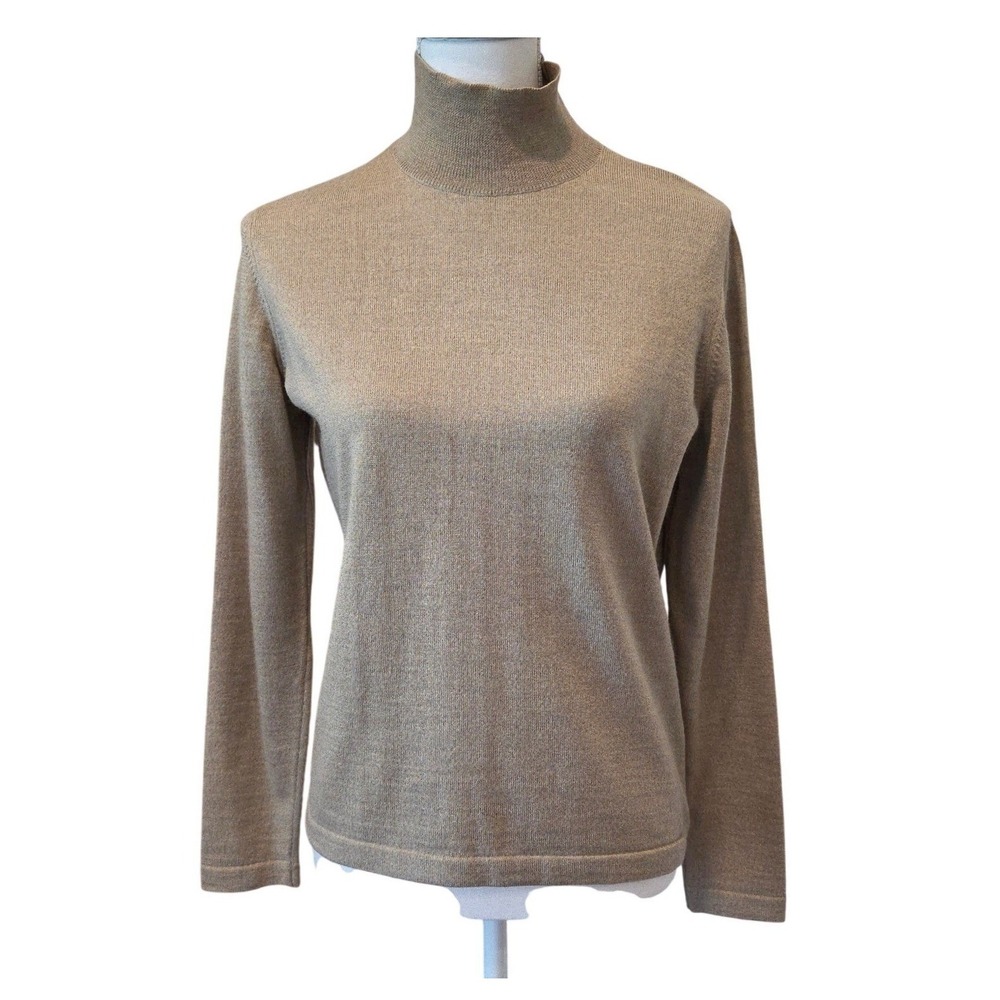 Saks Fifth Avenue Vintage Mock Neck Sweater Merino Wool Tan Italian Minimalist M